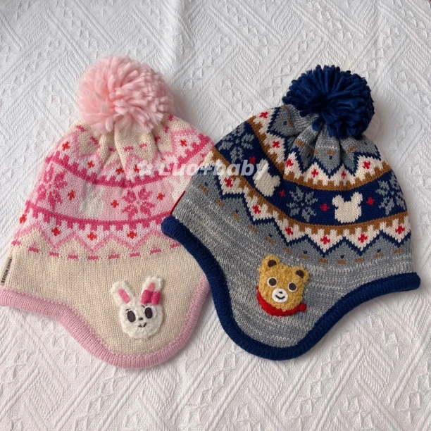 Mk儿童毛线帽秋冬季可爱小熊小兔针织帽防风护耳帽宝宝保暖卡通