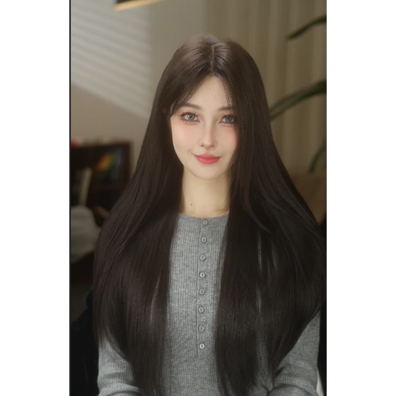 黑茶色精修小额蕾丝长直发假发女仿真头皮全头套假发