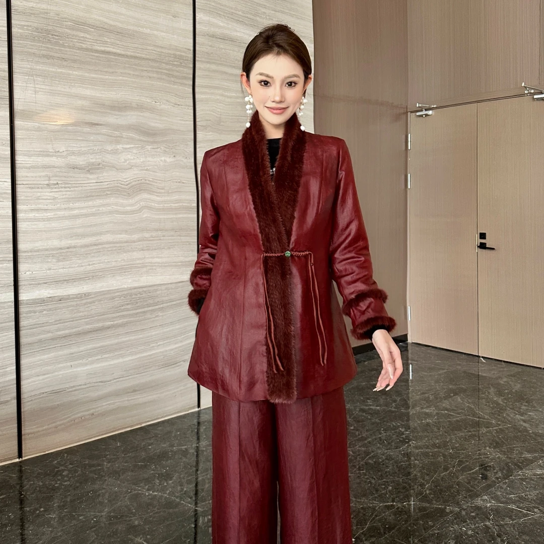 FSSIA云雅｜冬季红云纱里布填充物100桑蚕丝中长款拼水貂棉服4095