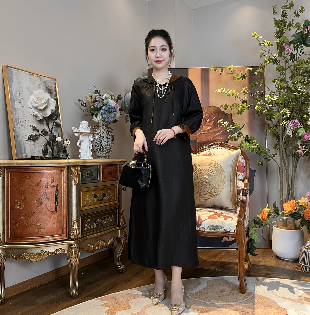 FSSIA【墨笙歌高定】追忆丨新款香云纱一粒扣连帽连衣裙-5070