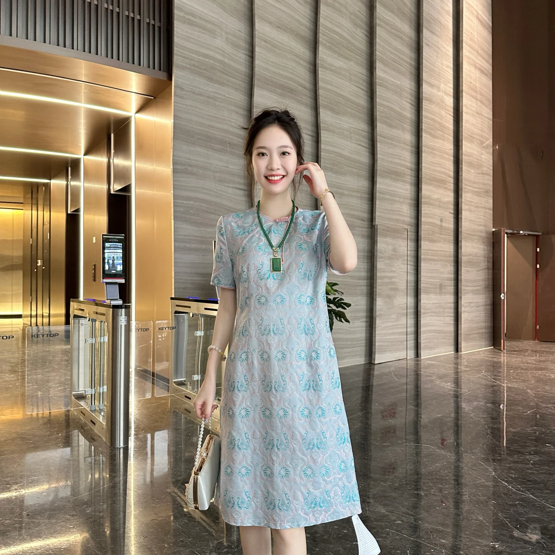 FSSIA映江月-宋锦异色萝百花纹斜襟收腰修身显瘦气质旗袍连衣裙