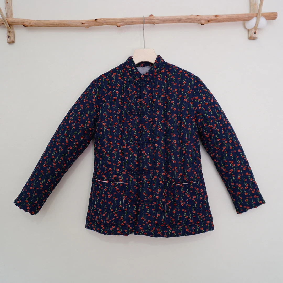 【棉麻黑色小花】手工棉花棉衣秋冬季外套棉服冬装棉袄中长款加厚