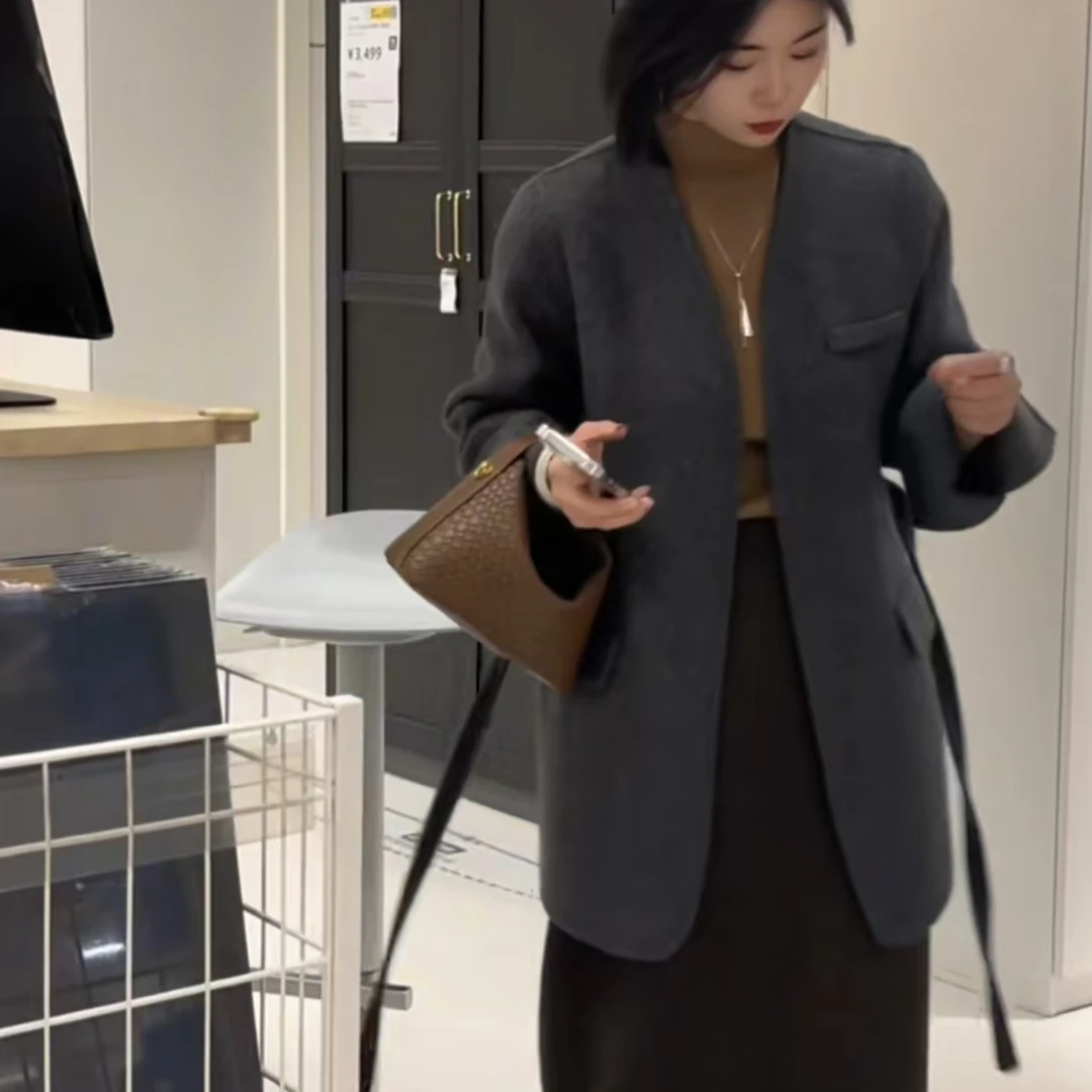 新款双面羊毛大衣女短款系带显瘦高端大气羊毛大衣