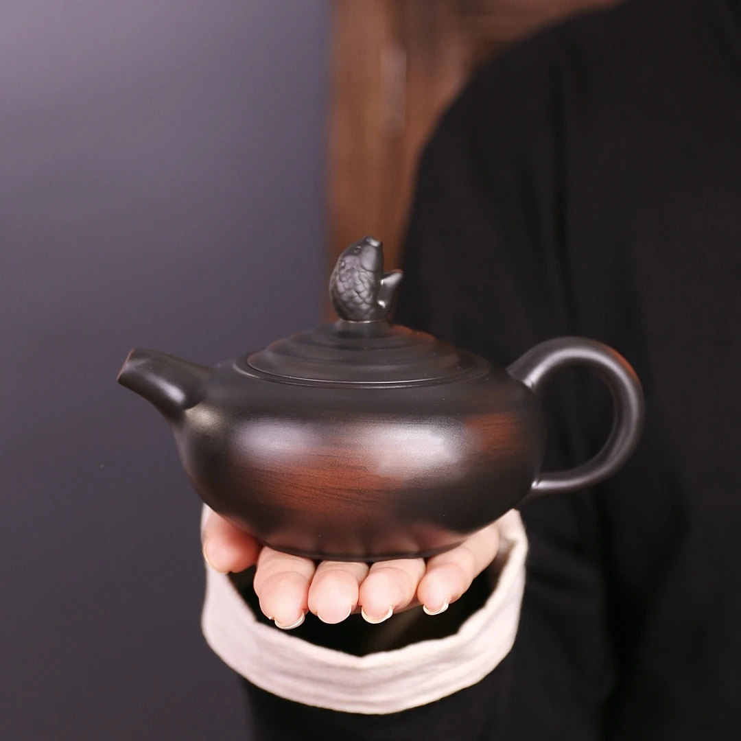 紫陶鱼壶素面大容量家用中式纯手工泡茶壶复古大号陶瓷紫砂壶