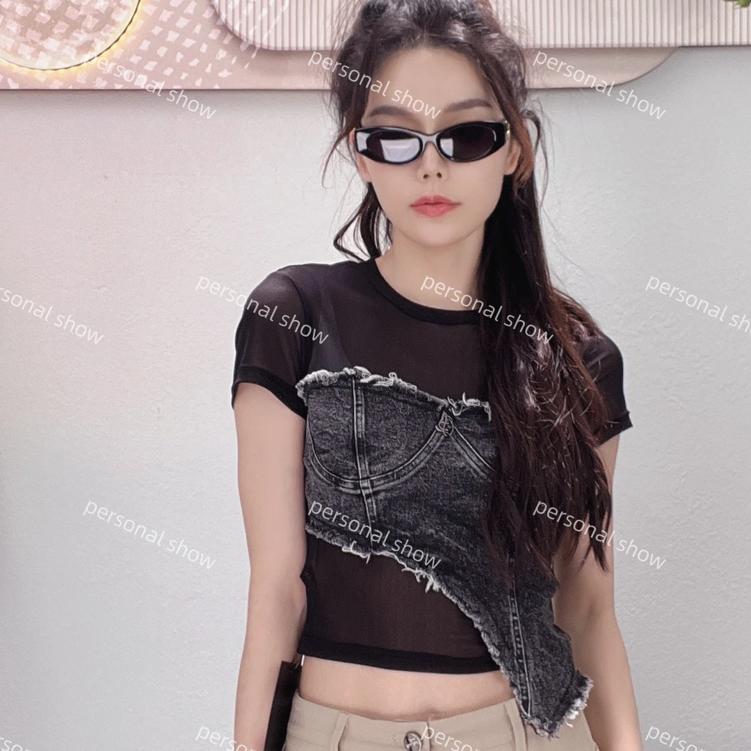 早秋去班味网纱拼接时尚辣妹风短袖上衣