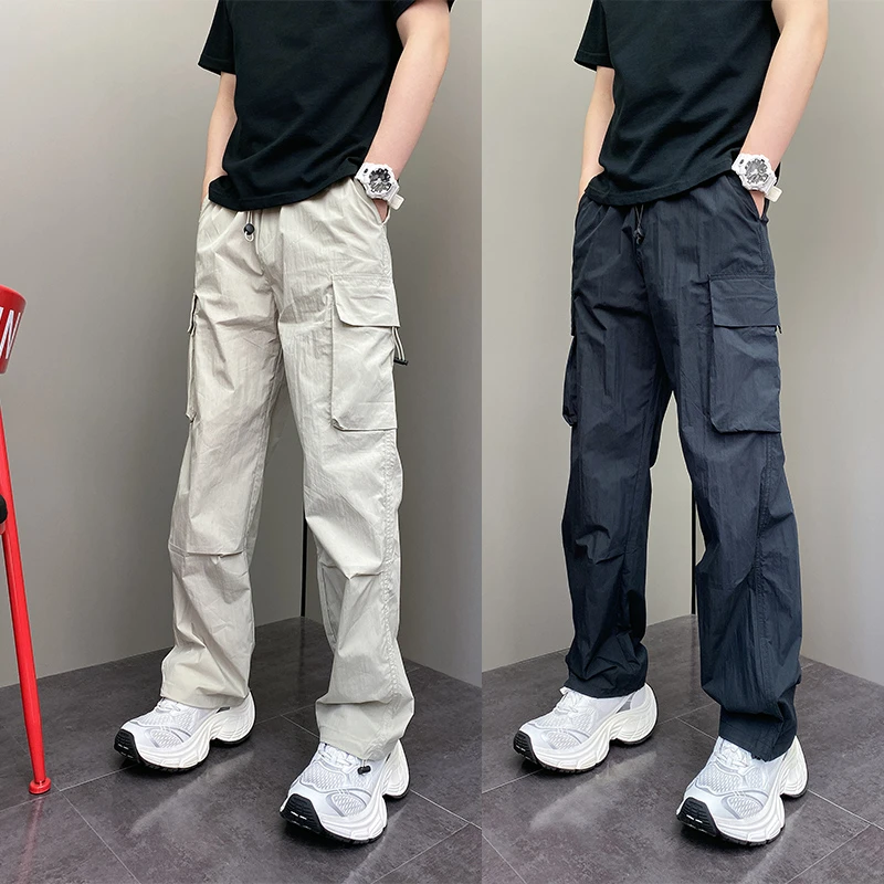 夏季薄款速干透气阔腿裤男士潮流大口袋工装裤宽松ins青年直筒裤