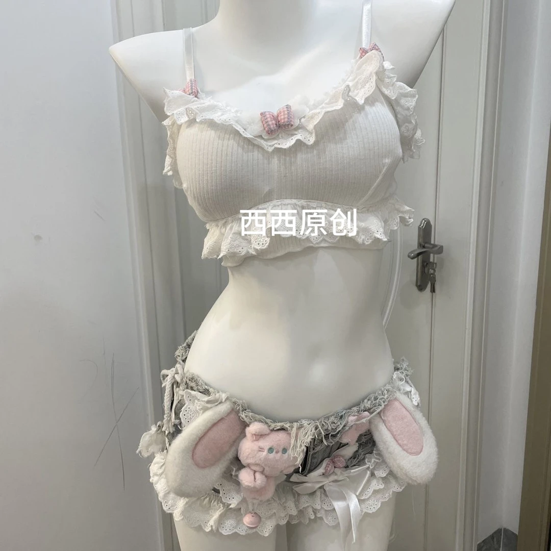 原创西西DD-12手作夏季韩版可爱性感吊带辣妹日系甜美超短牛仔裤