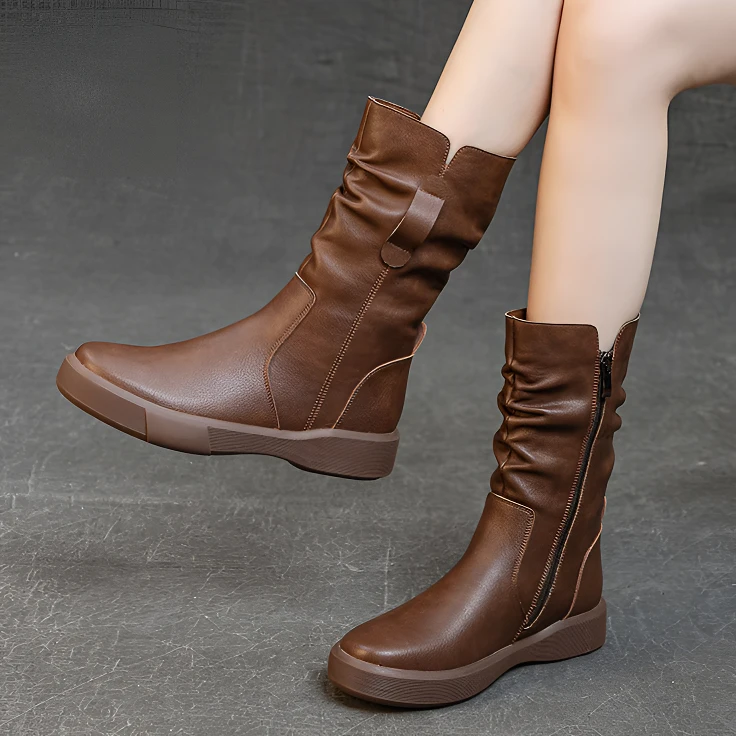 大码欧美简约百搭马丁靴女秋冬季棕色中筒靴透气保暖平底厚底靴子