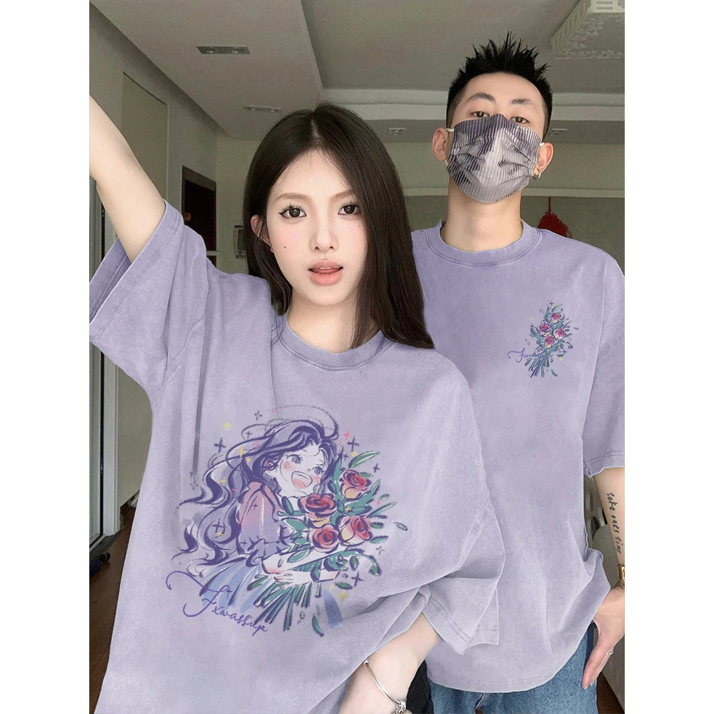 【尤莱特】夏季浅紫色情侣装短袖t恤2024新款设计感潮牌女孩上衣女