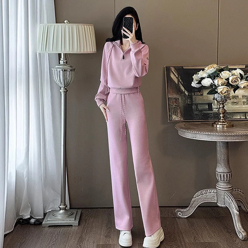 高级感粉色休闲运动套装女秋冬减龄显瘦加绒加厚卫衣阔腿裤两件套