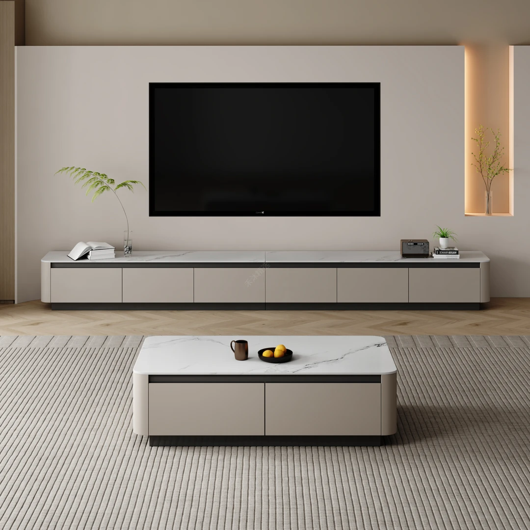 极简实木茶几电视柜组合轻奢岩板套装落地式现代简约客厅意式烤漆