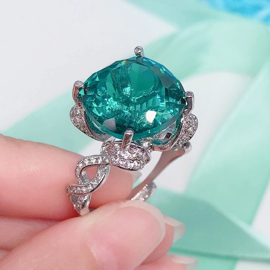 铜合金合成锆石戒指 J2R-28165绿色花朵款指环轻奢简约