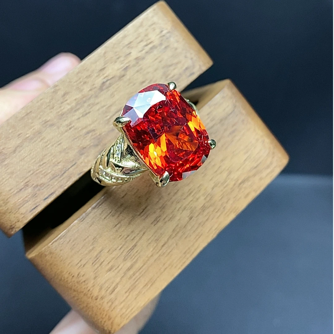 铜合金合成锆石戒指 HJ8S-88169橘红戒指时尚轻奢气质百搭精致