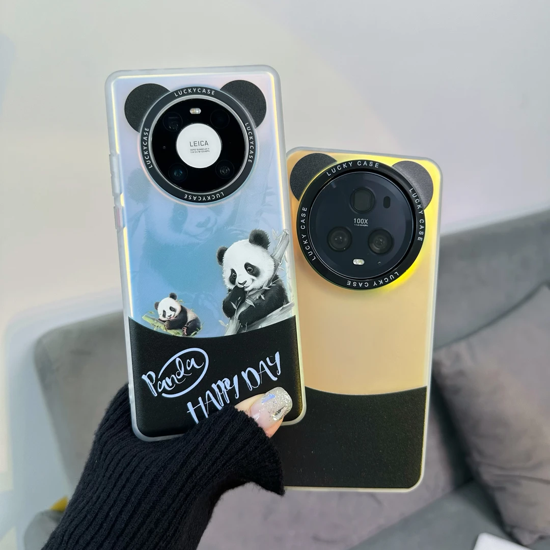 适用于华为/荣耀/小米/oppo熊猫耳朵手机壳mate60pro大孔镭射硬壳
