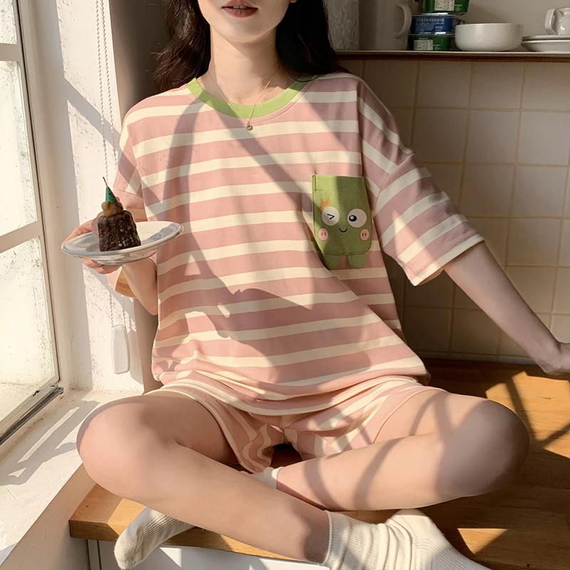 夏季条纹睡衣女套装圆领可爱少女棉质短袖短裤可外穿家居服33405