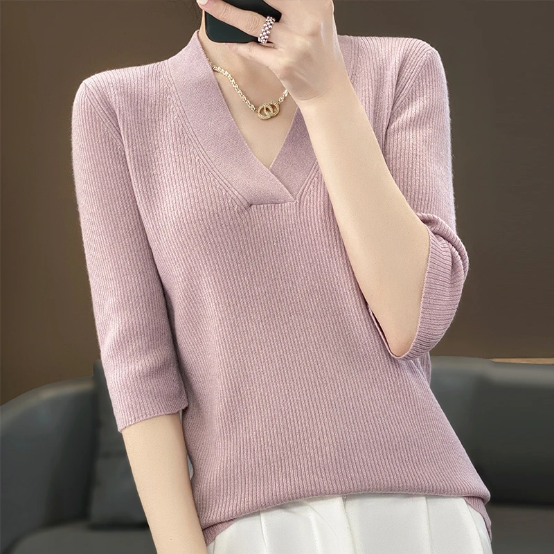 纯羊毛衫中袖针织衫法式上衣高品质打底衫女内搭春v领毛衣五分袖