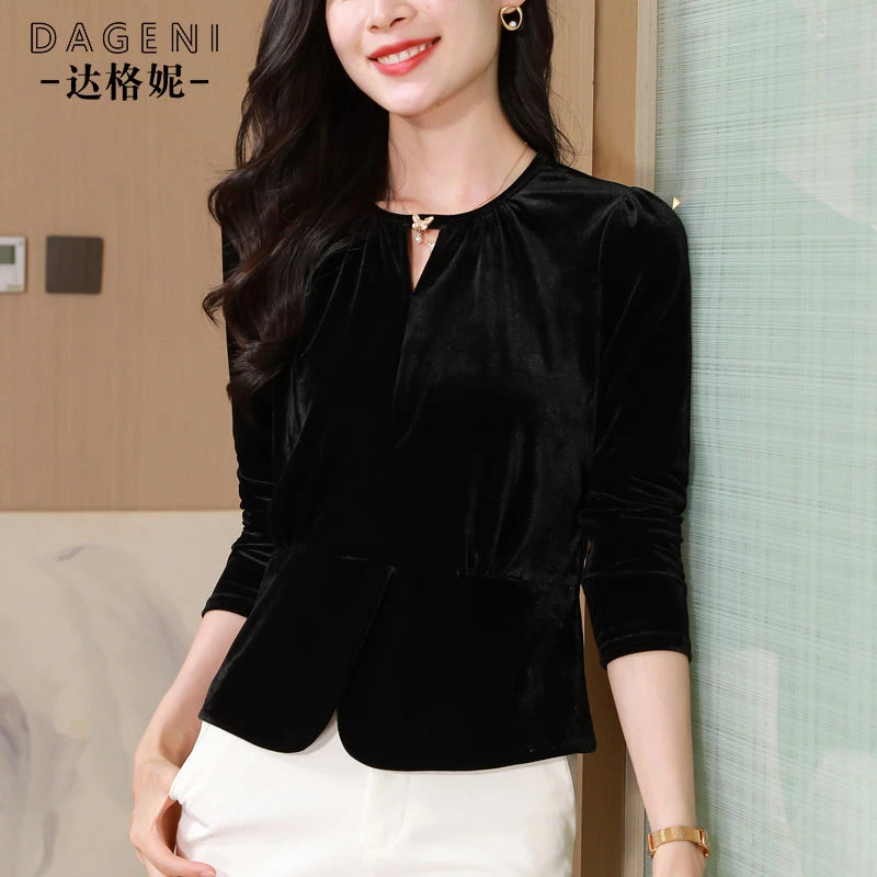 法式小香风短款春秋上衣时尚长袖打底衫内搭外穿黑色洋气小衫女