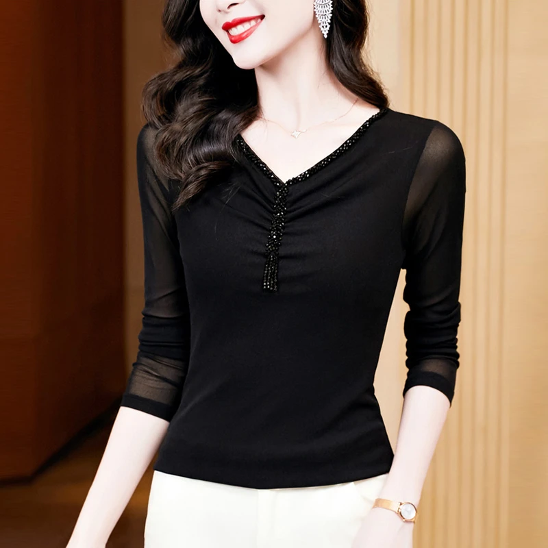 V领网纱T恤女长袖2025秋季新款时尚蕾丝小衫黑色洋气打底衫上衣潮