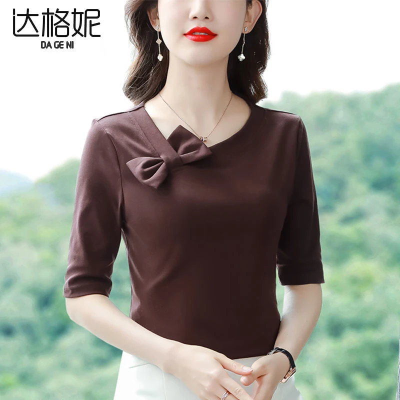 达格妮2024春秋新款蝴蝶结洋气中袖t恤打底衫女内搭时尚别致上衣