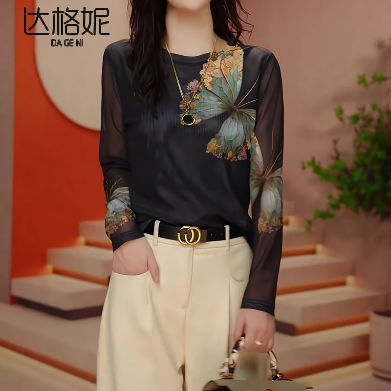 长袖弹力网纱打底小衫春秋新款高级感时尚洋气印花上衣年轻妈妈装