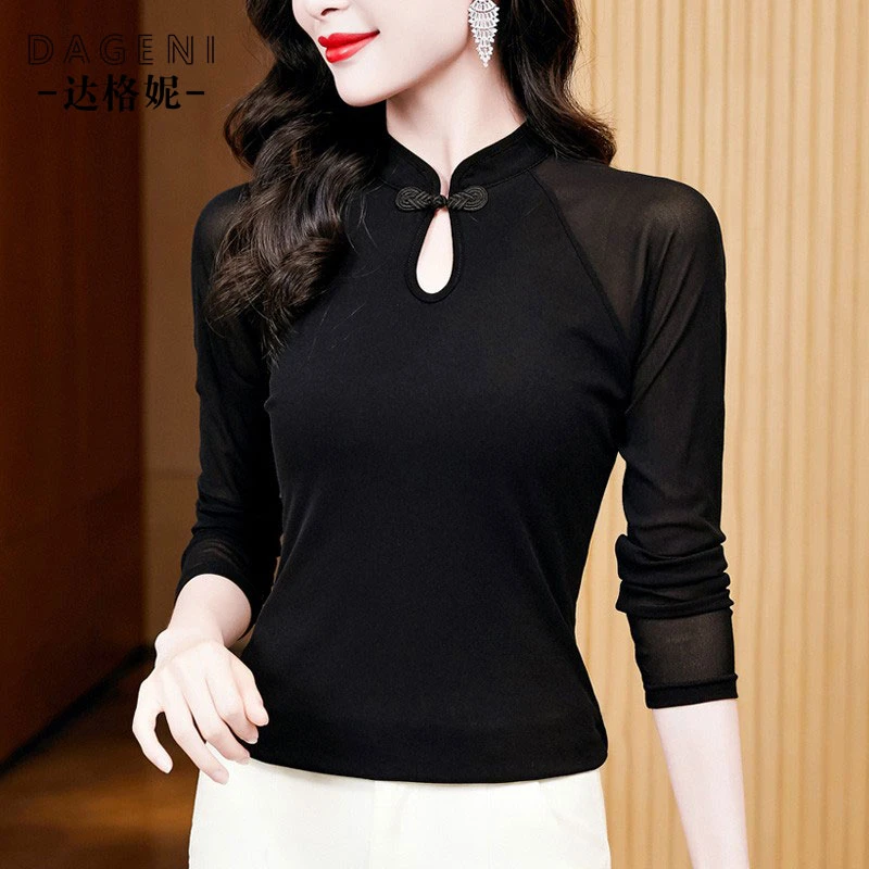 黑色蕾丝打底衫女2025秋装新款复古盘扣网纱小衫气质百搭长袖上衣