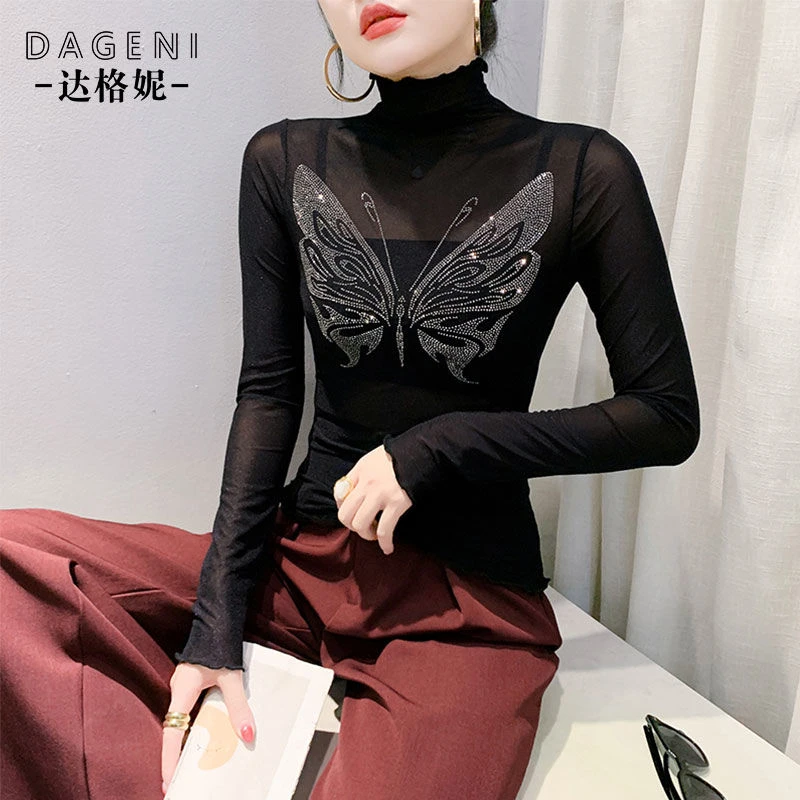 高领百搭网纱打底衫外穿洋气新款蝴蝶结烫钻T恤小衫气质长袖上衣