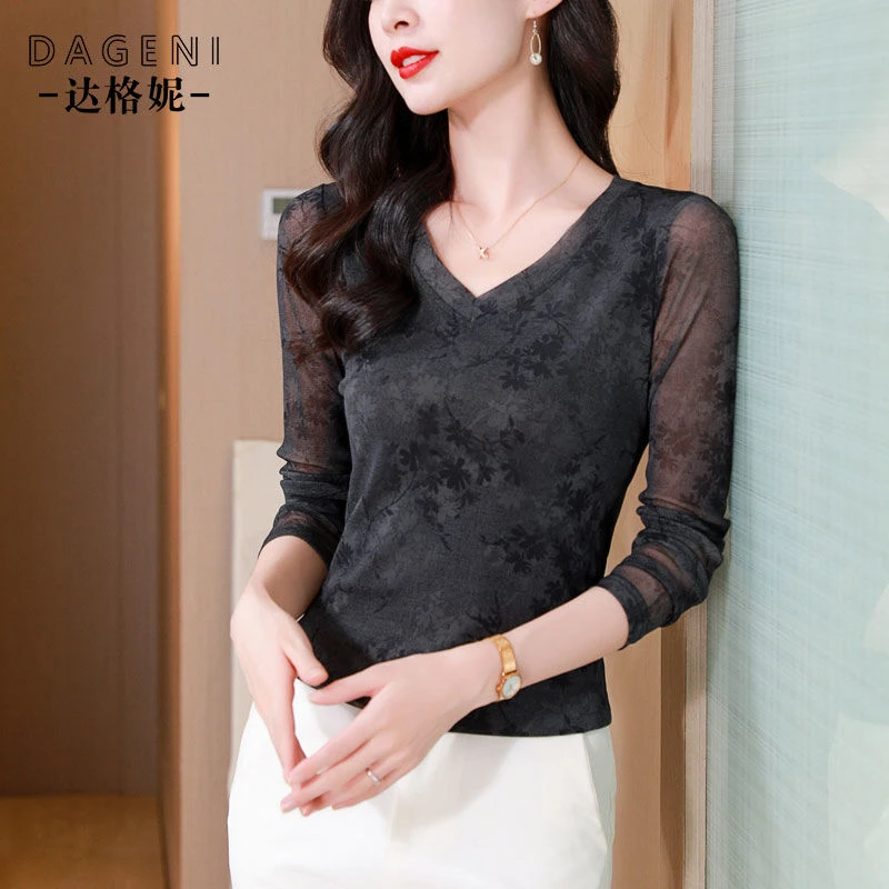 复古印花网纱打底衫女秋季新款气质减龄长袖上衣修身显瘦T恤小衫