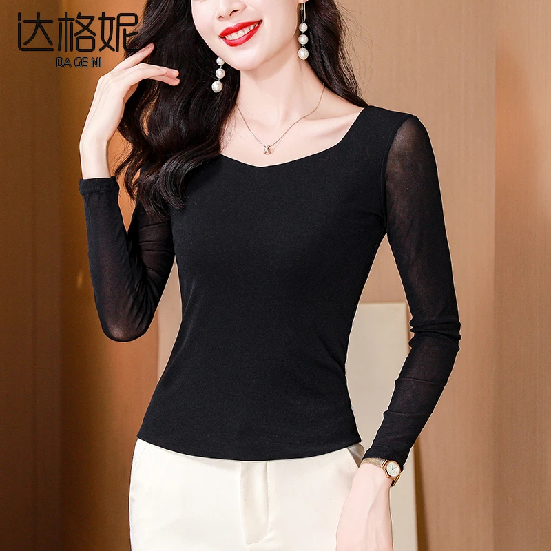 高级感网纱长袖t恤上衣薄纱薄款黑色纱衣2024年春秋新款蕾丝小衫