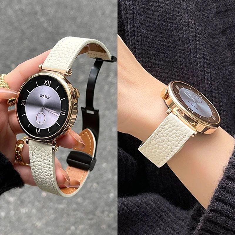 适用华为gt4表带荔枝纹真皮耐用gt3女士磁吸折叠扣秋冬20/22腕带