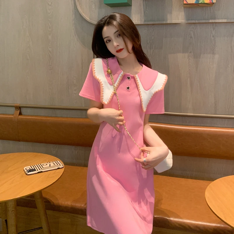 粉色娃娃领连衣裙女夏季2024新款休闲显瘦气质洋气减龄甜美t恤裙