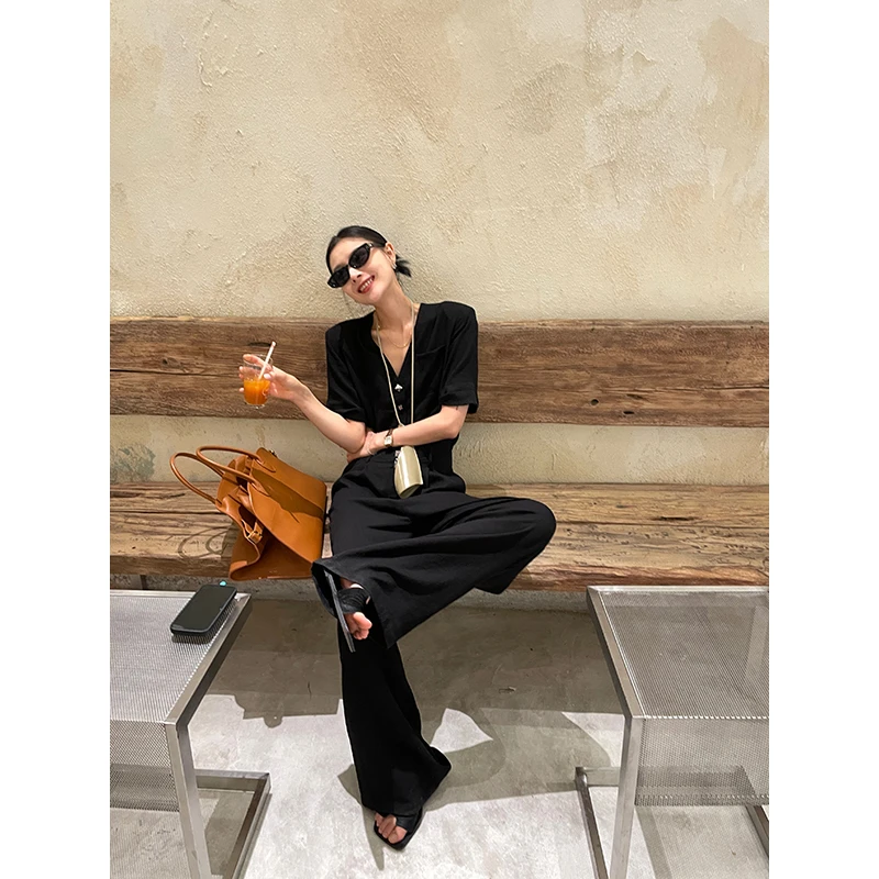 JCCC影子【轻职场】V领休闲西装连体裤亚麻阔腿工装连衣JE4DSL15