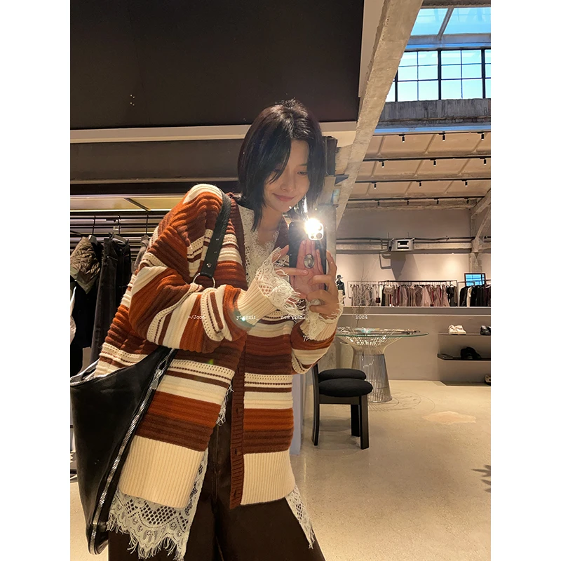 JCCC影子【暮色琥珀】复古廓形宽松条纹针织毛衣开衫JE4JBS13