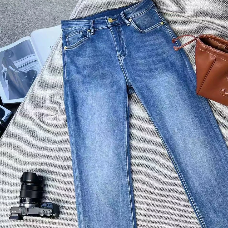 【A-1深圳】2024新款弹力中高腰植绒百搭蓝色时尚直筒牛仔裤SZTS010