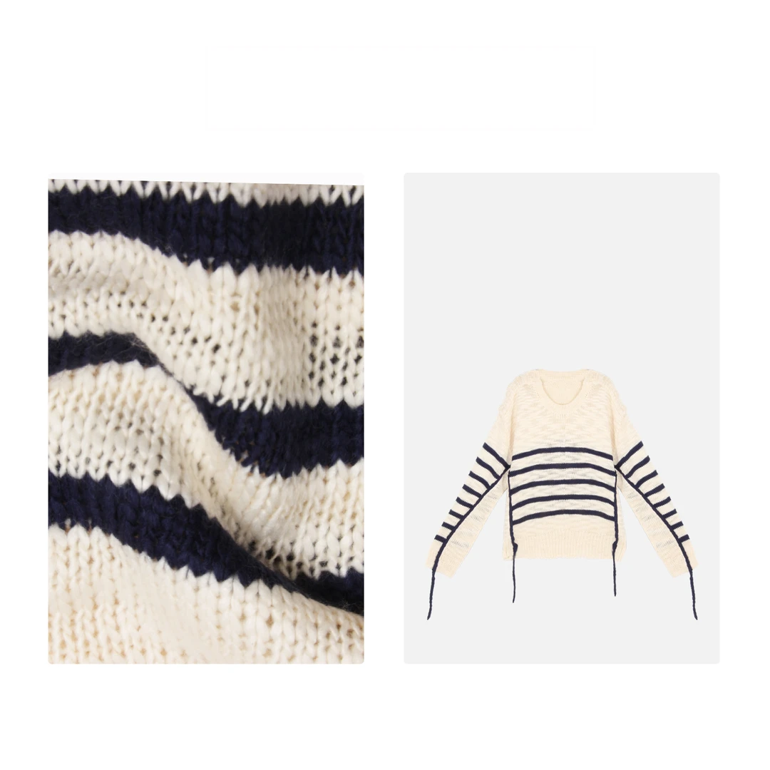 凯特丝蓓680#秋季新款气质感百搭宽松版型海魂风条纹混纺套头毛衣