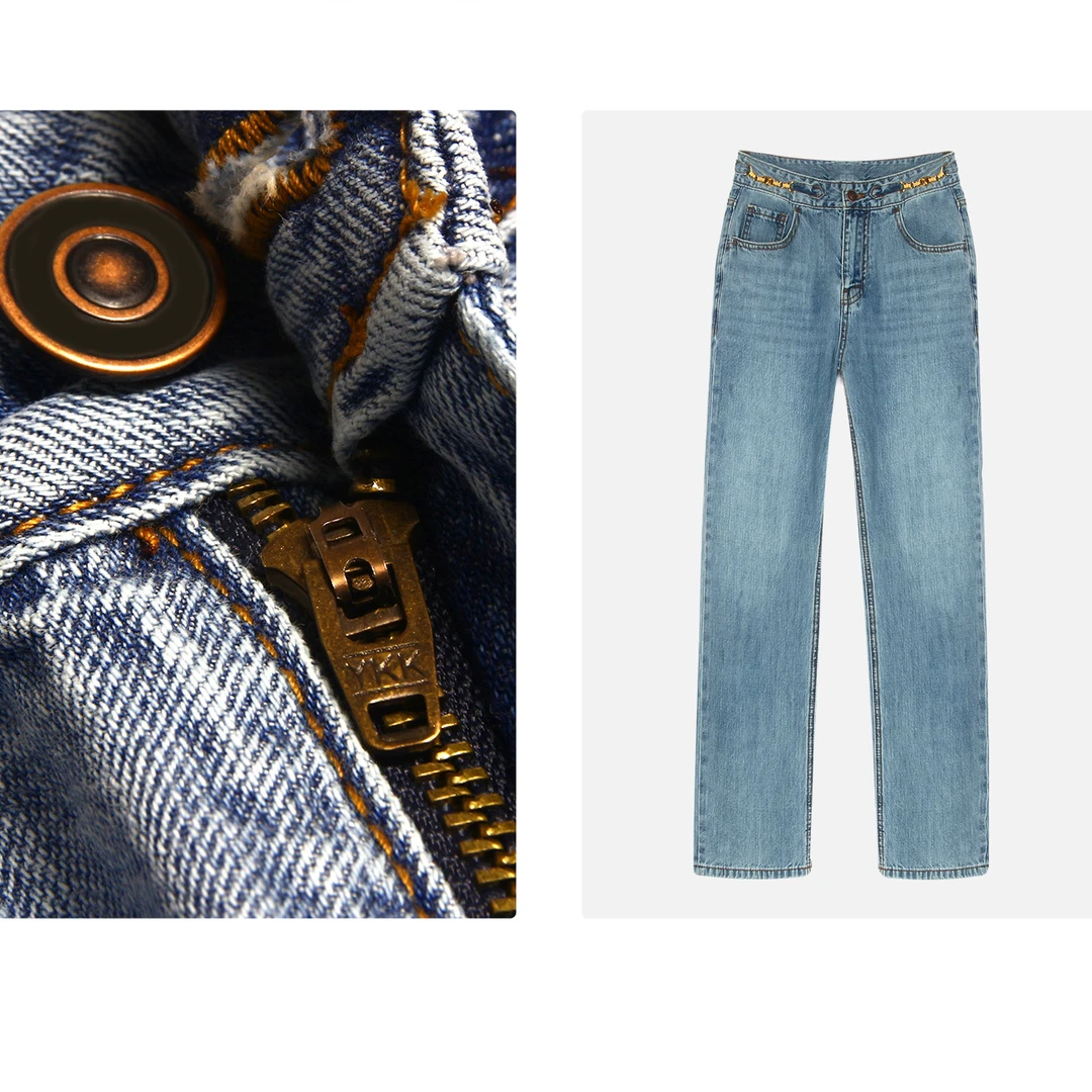 凯特丝蓓235#美式链条设计夏款高腰牛仔裤浅蓝宽松拖地女1-847