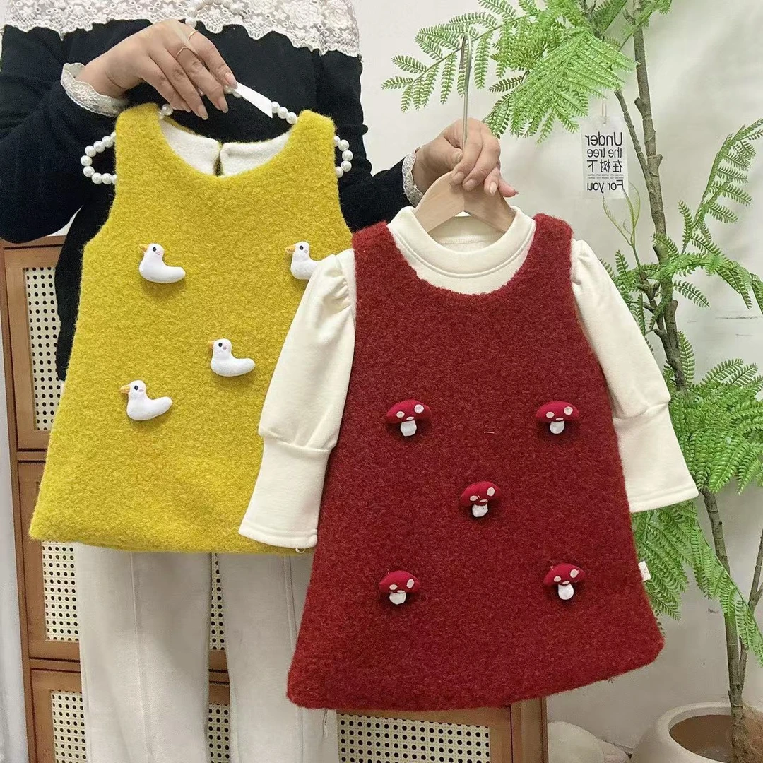 女童2024冬季加绒加厚打底衫背心裙卡通两件套