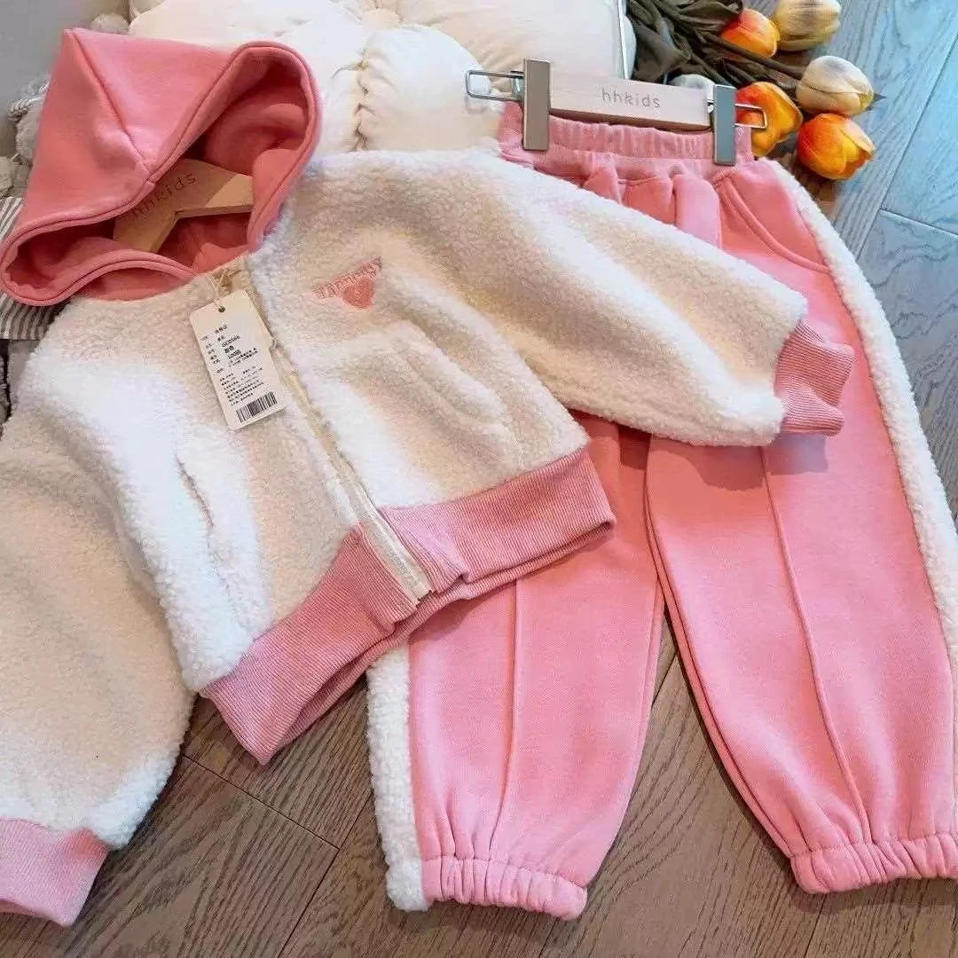 女童2024冬季加绒加厚连帽开衫拉链外套长裤两件套