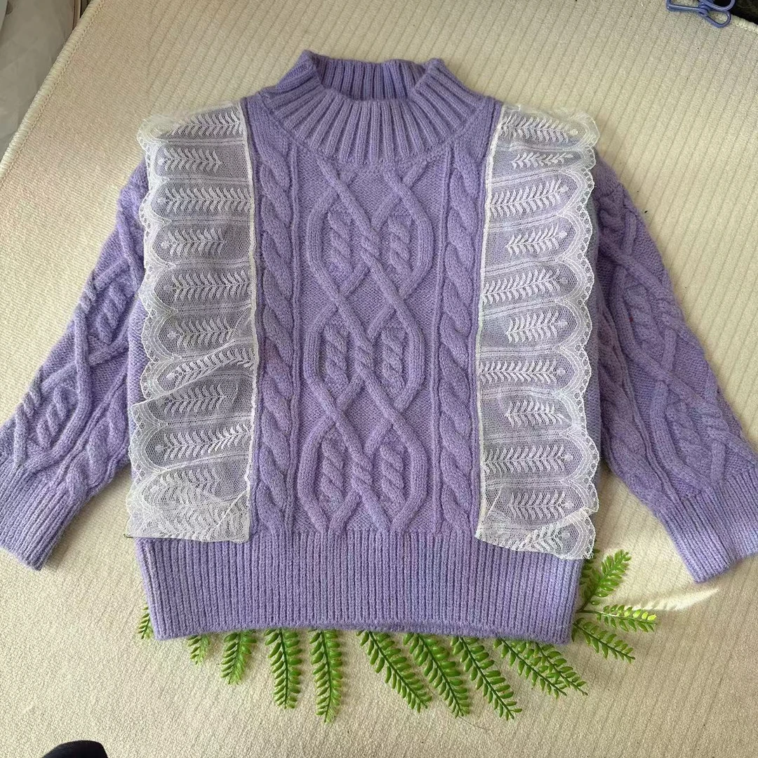 女童2024秋冬季毛衣套头蕾丝加厚