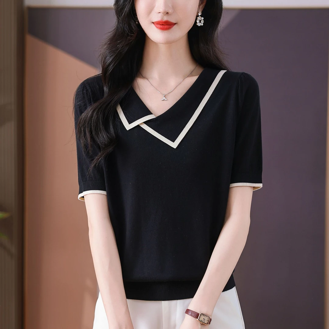 2024年夏季短袖t恤女士方领时尚薄款宽松显瘦纯色百搭款气质上衣