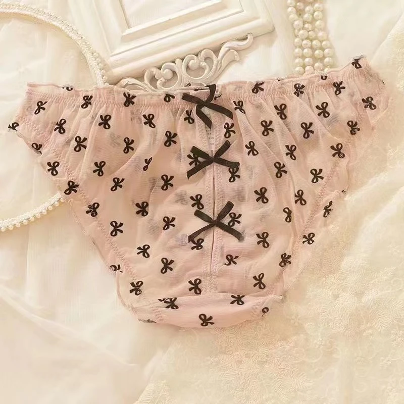 猫步轻巧时尚蝴蝶结蕾丝透气花边网纱女士内裤（一组2条装）￥59