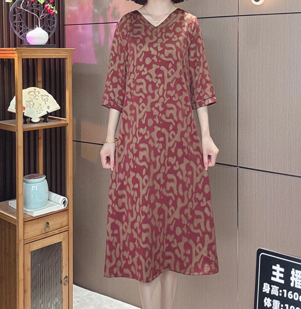 2967豹纹红定制气质洋气优雅百搭款时尚款印花显瘦遮肉 连衣裙