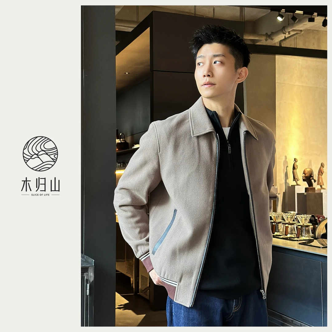 「木归山」时尚休闲简约毛呢商务翻领潮流修身冬季美式羊毛外套夹克