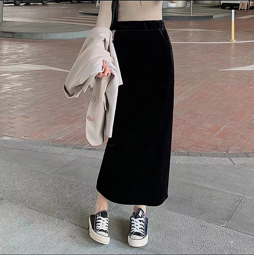 金丝绒半身裙黑色长裙秋高腰开叉复古显瘦中长款一步裙时尚百搭