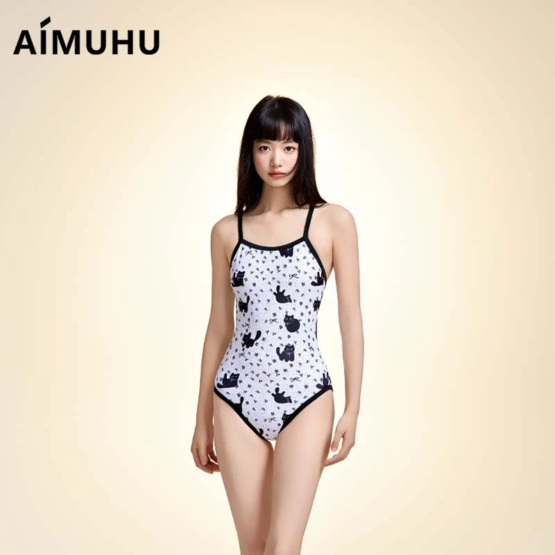 女2025新款白底黑猫三角连体竞速连体露背运动泳衣通用泳装运动