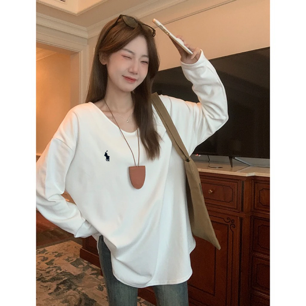 秋季爆款韩版V领开叉时尚宽松百搭均码打底长袖白色女T恤均码