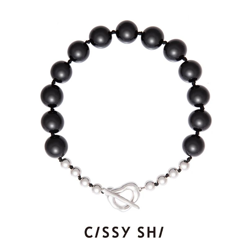 CISSY SHI 吊坠925银 黑色玛1瑙黑色吊坠素款小众百搭银珠珠项链