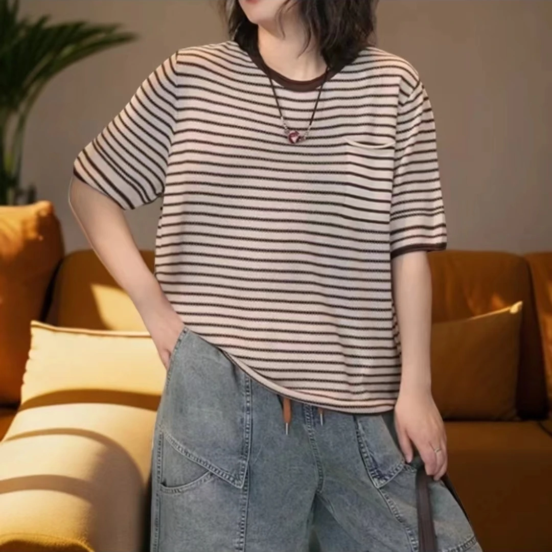 63403欧版条纹撞色百搭休闲宽松条纹圆领棉线夏款针织显瘦