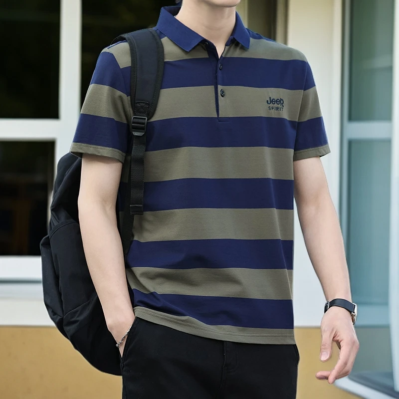 JEEP SPIRIT吉普翻领条纹短袖T恤夏季透气宽松百搭半袖男士POLO衫