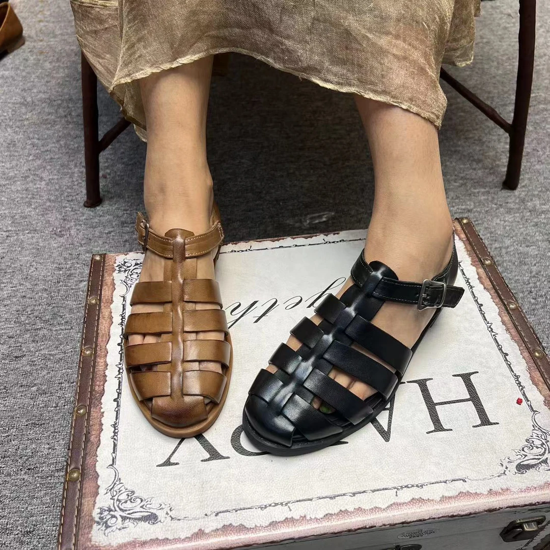 2024春夏款复古罗马凉鞋夏季新款马皮时尚软底镂空凉鞋女BC09-21C