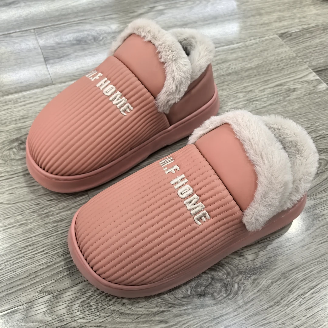 高帮棉鞋女冬季防水保暖PU皮居家室内踩屎感外穿厚底包跟棉鞋男士